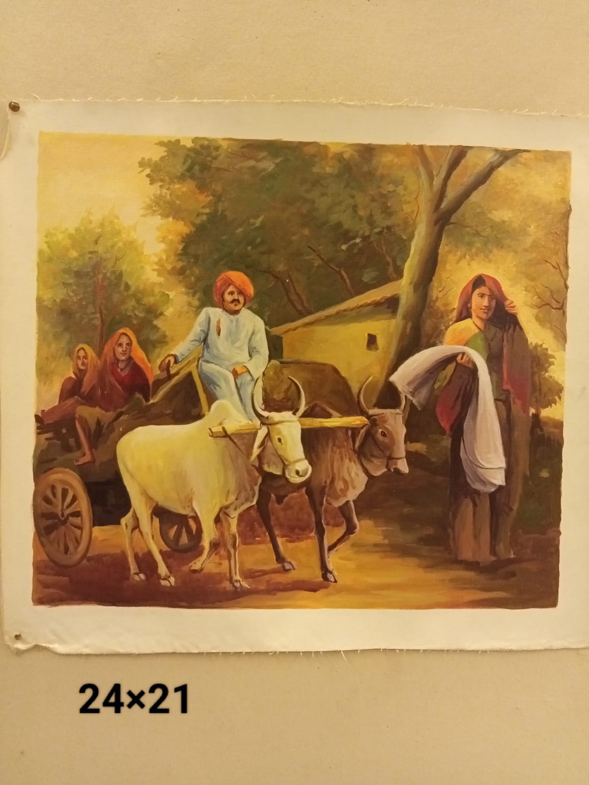 24×21 inch Village Scene Miniature Art Painting – Handmade Rural Bullock Cart Artwork