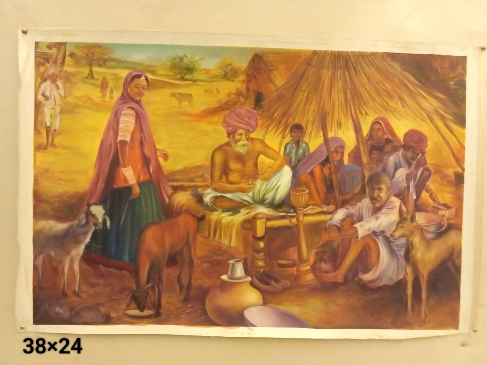 Village Scene Handmade Painting – 38×24 Inch Indian Rural Life Artwork