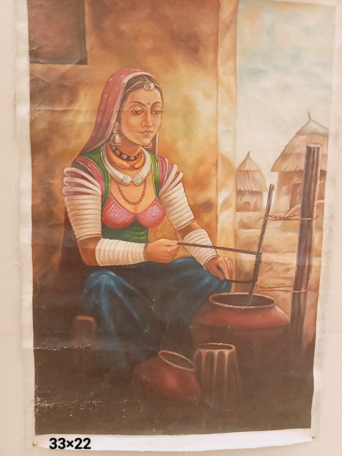 Miniature Art Painting – Handmade Village Woman Artwork (33×22 inch)