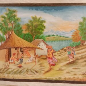 Handmade Village Scene Painting 37 × 24 inch – Indian Rural Life Artwork