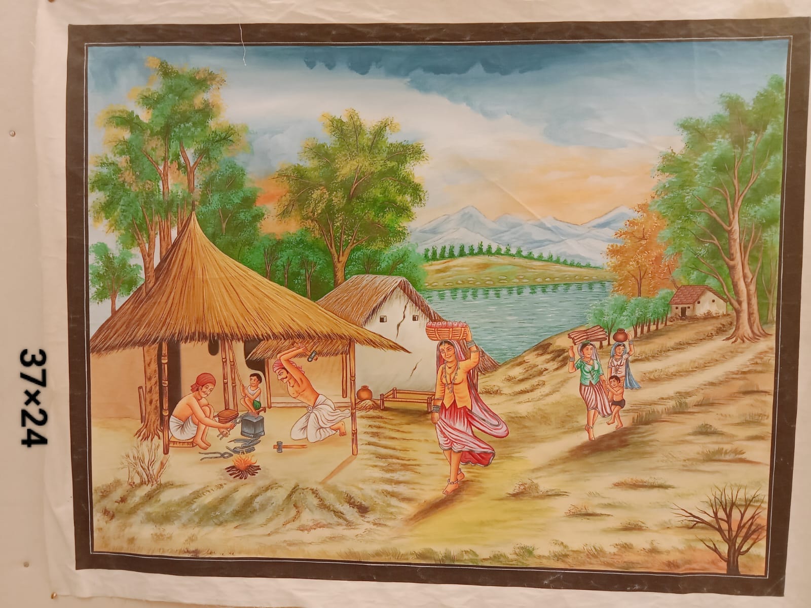 Handmade Village Scene Painting 37 × 24 inch – Indian Rural Life Artwork