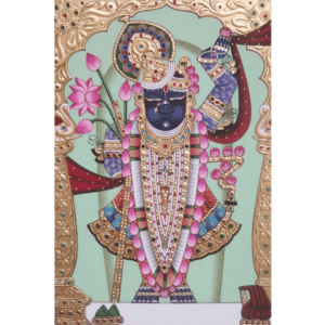 Handmade Shrinathji painting with green background, lotus flowers, and gold leaf detailing