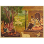 Oil Painting of village life scene with women, cows, and child