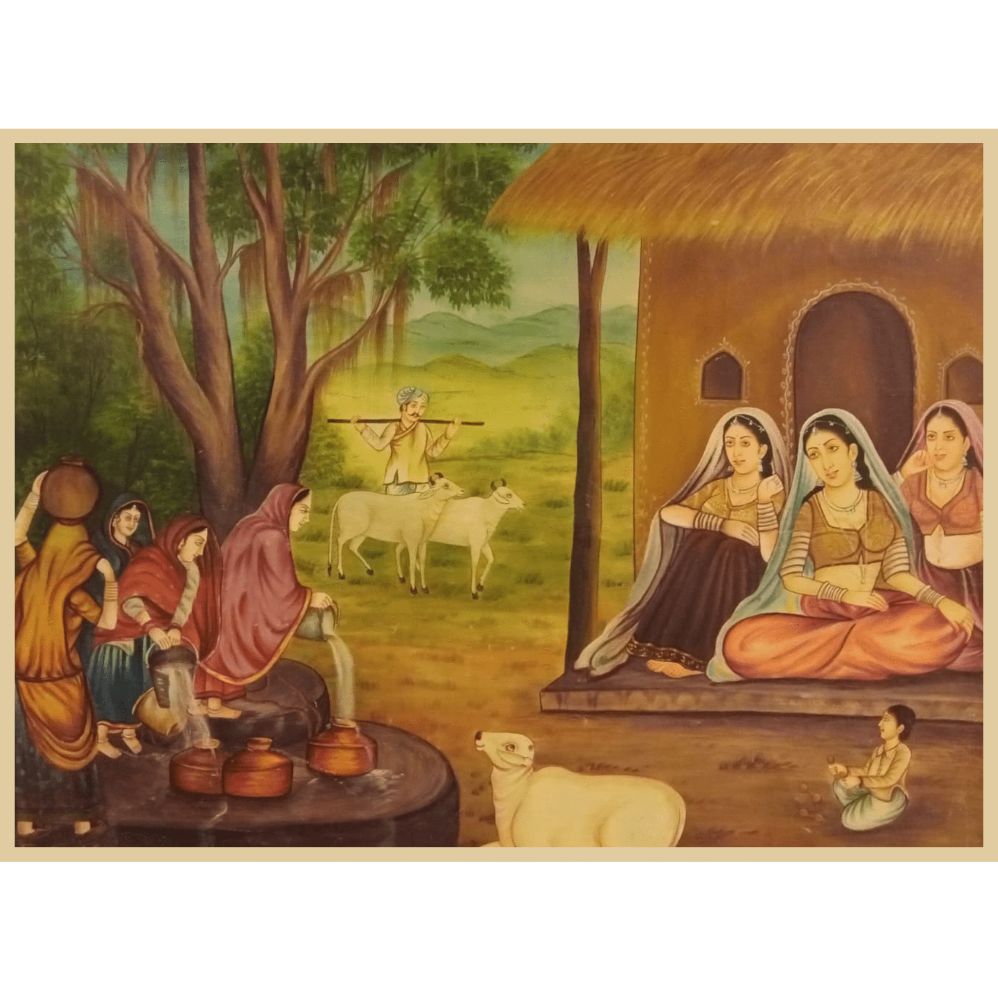 Oil Painting of village life scene with women, cows, and child