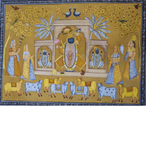 Pichwai Painting of Shrinathji with Devotees and Cows (48 x 36 Inches)
