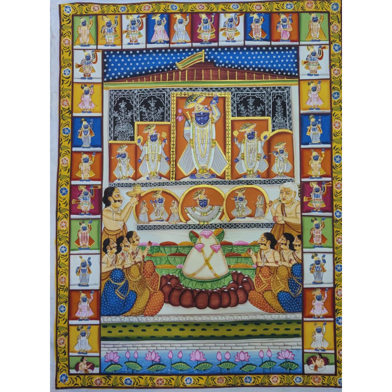 Handmade Shrinathji Pichwai Painting depicting Annakut Darshan with devotees and traditional Nathdwara art style