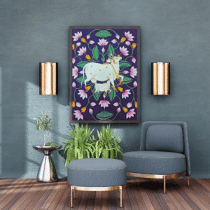 Detailed Pichwai art with lotus and Kamdhenu cows