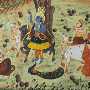 Handmade Pichwai Painting of Lord Krishna with Gopis, Cows & Peacocks