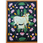 Handmade Kamdhenu Cow and Calf Pichwai Painting with lotus motif background in traditional Nathdwara style
