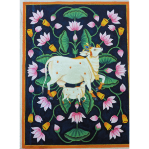 Handmade Kamdhenu Cow and Calf Pichwai Painting with lotus motif background in traditional Nathdwara style