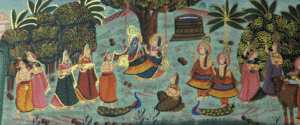 Handmade Pichwai Painting of Lord Krishna on Swing with Gopis, Cows and Peacocks