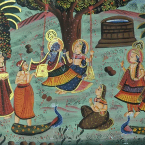 Handmade Pichwai Painting of Lord Krishna on Swing with Gopis, Cows and Peacocks