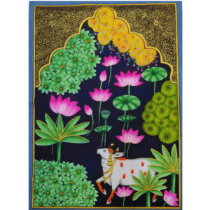 Handmade Pichwai Painting of sacred cow with lotus motif and floral background in traditional Nathdwara style