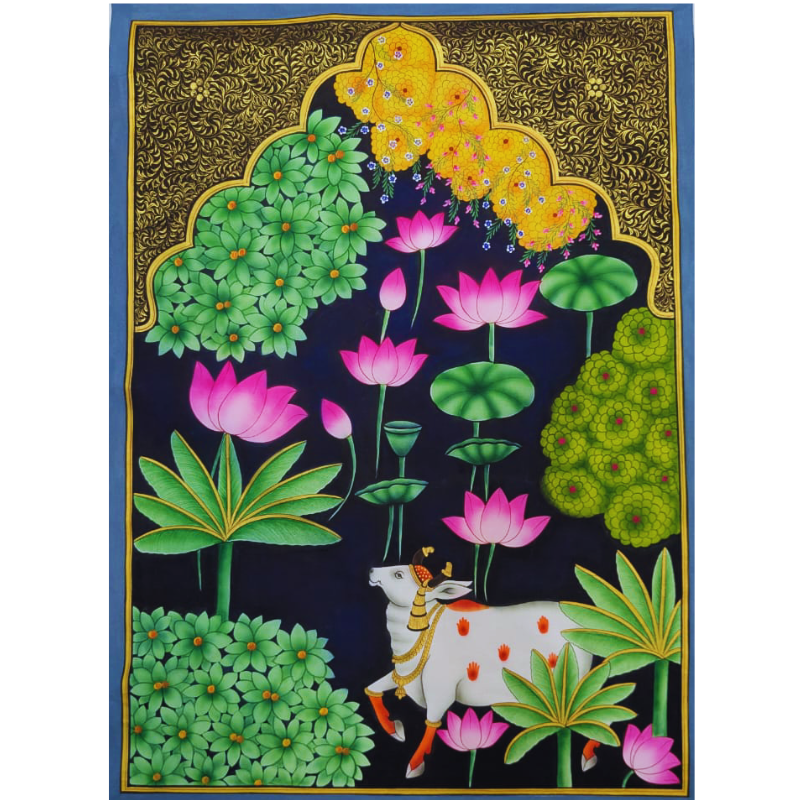 Handmade Pichwai Painting of sacred cow with lotus motif and floral background in traditional Nathdwara style