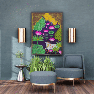 Vibrant Pichwai artwork showcasing cow and lotus flowers