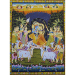 Handmade Shreenathji Pichwai painting of Krishna with gopis, cows, and lotus motifs in traditional Nathdwara style