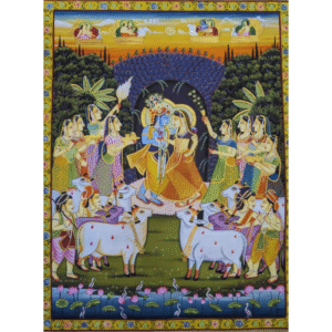 Handmade Shreenathji Pichwai painting of Krishna with gopis, cows, and lotus motifs in traditional Nathdwara style