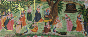 Handmade Pichwai painting of Lord Krishna with gopis, cows, and peacocks