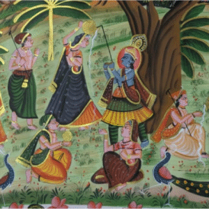 Handmade Pichwai painting of Lord Krishna with gopis, cows, and peacocks