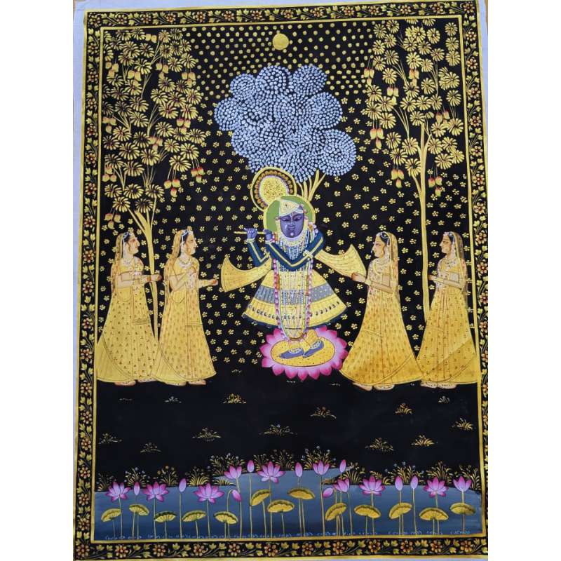 Handmade Shreenathji Pichwai Painting with Gopis – 48 x 36 inches