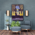 Pichwai painting depicting Radha Krishna in a serene temple setting