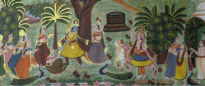 Handmade Pichwai painting of Krishna dancing with gopis in Vrindavan