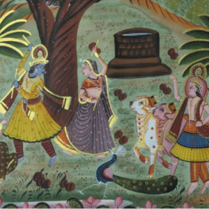 Handmade Pichwai painting of Krishna dancing with gopis in Vrindavan