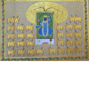 Shrinathji with cows under golden tree – Handmade Pichwai Painting