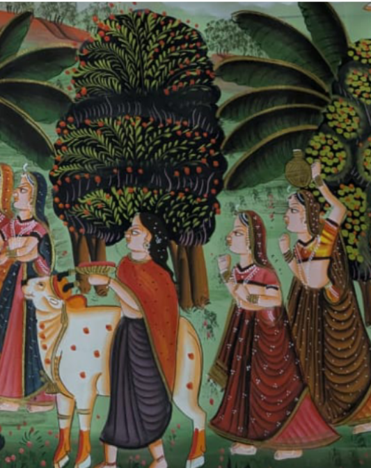 Handmade Radha Krishna Pichwai Painting on Cloth with Gopis and Cows