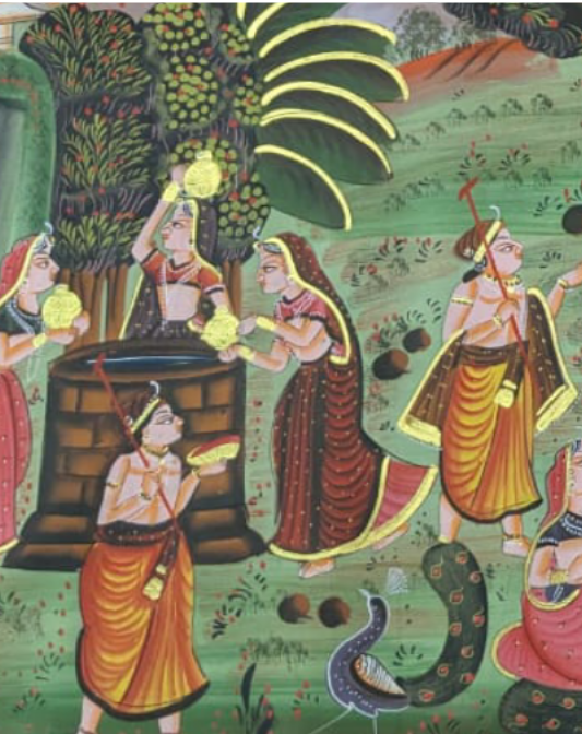 Handmade Radha Krishna Pichwai Painting on Cloth with Gopis and Cows