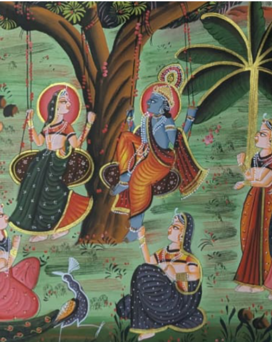 Handmade Radha Krishna Pichwai Painting on Cloth with Gopis and Cows