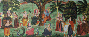 Traditional Pichwai Painting of Radha Krishna on Jhoola with Lotus Motifs