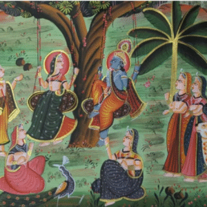 Traditional Pichwai Painting of Radha Krishna on Jhoola with Lotus Motifs