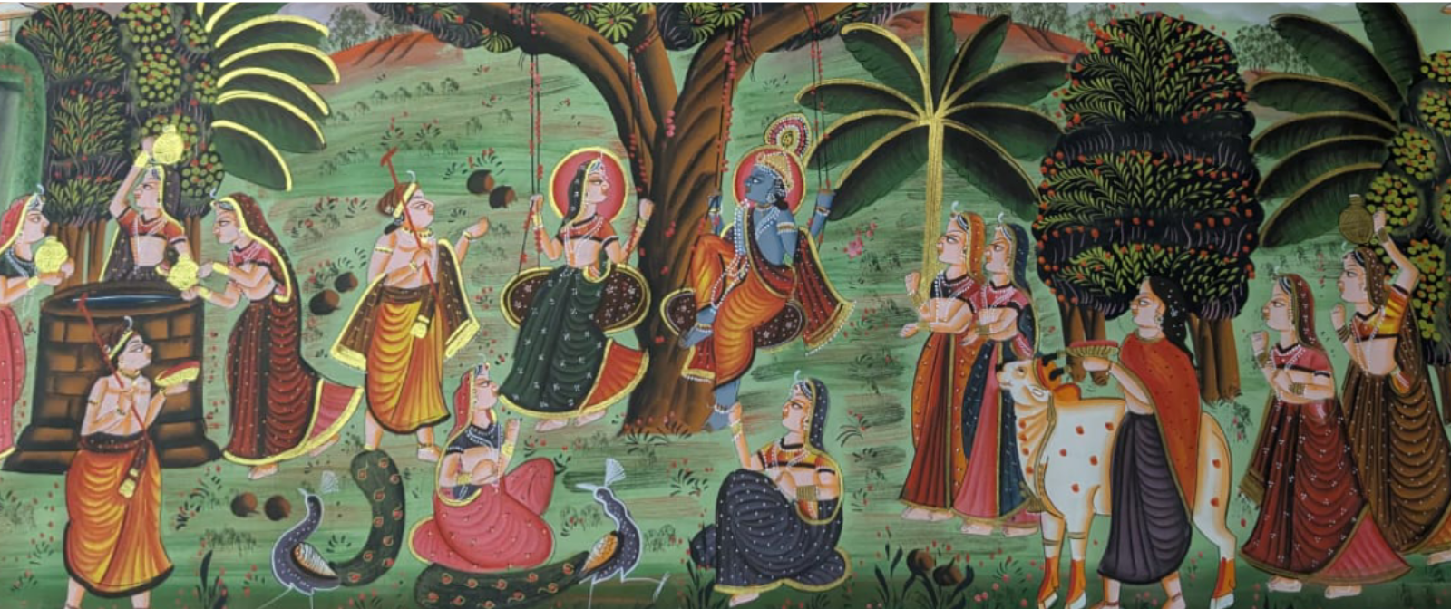 Traditional Pichwai Painting of Radha Krishna on Jhoola with Lotus Motifs
