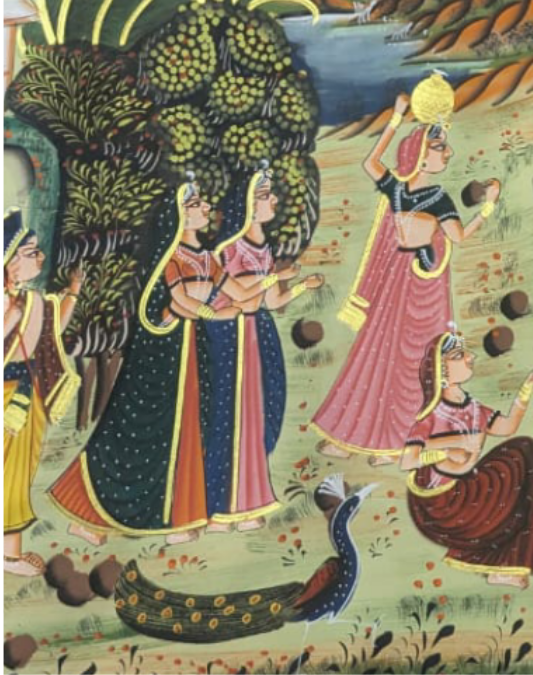Traditional Pichwai Painting showing Krishna playing flute with gopis and cows