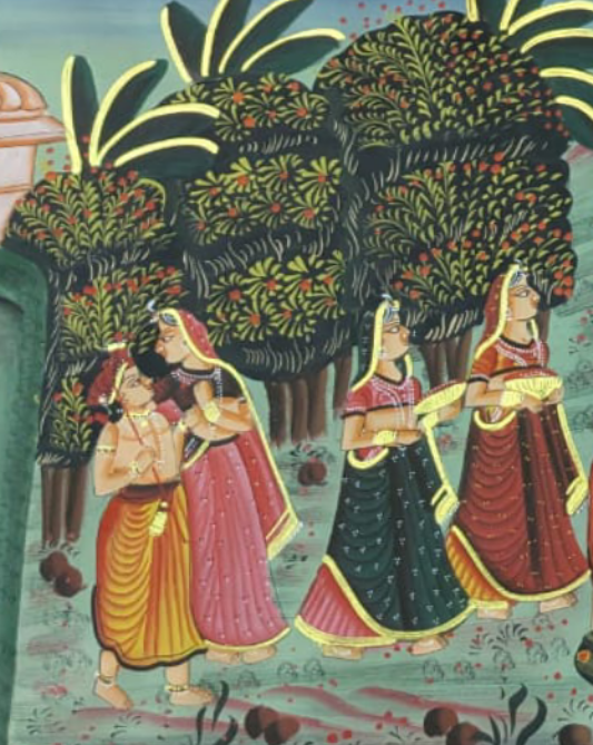 Radha Krishna Pichwai Painting on Jhoola with Gopis in Vrindavan