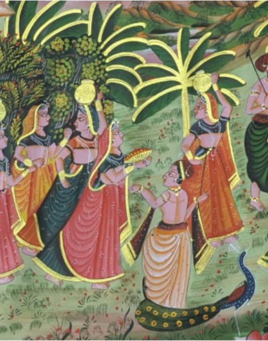 Traditional Pichwai art showing Krishna playing flute under a tree