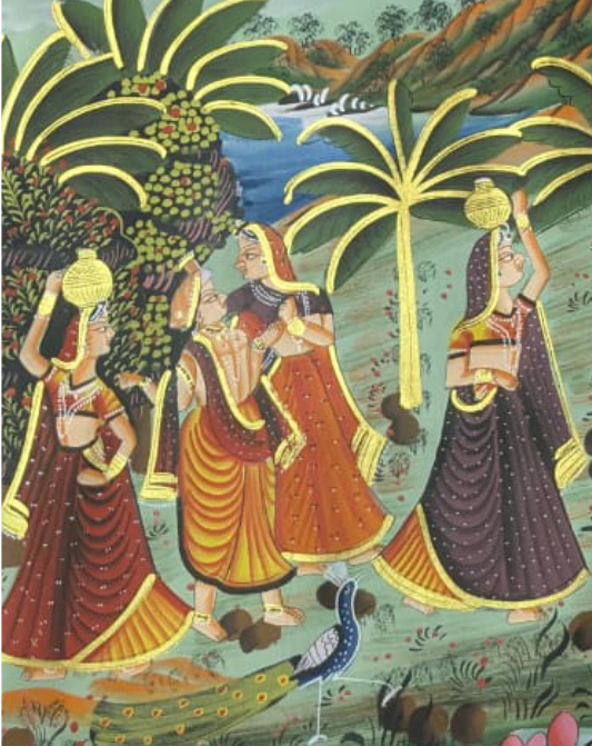 Handmade Radha Krishna Pichwai Painting with Gopis, Peacocks and Lotus