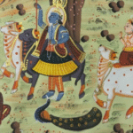 Hand-painted Pichwai artwork with Radha Krishna, peacocks and lotus motifs
