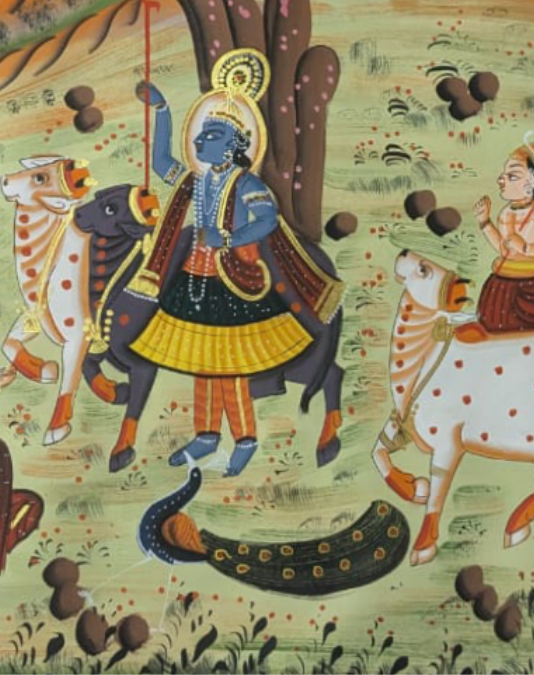 Hand-painted Pichwai artwork with Radha Krishna, peacocks and lotus motifs