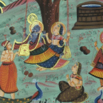 Traditional Pichwai Art of Krishna on Swing with Devotees and Peacocks
