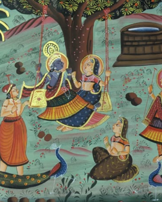 Traditional Pichwai Art of Krishna on Swing with Devotees and Peacocks
