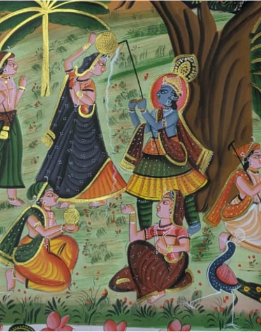 Handmade devotional painting with gopis offering water pots