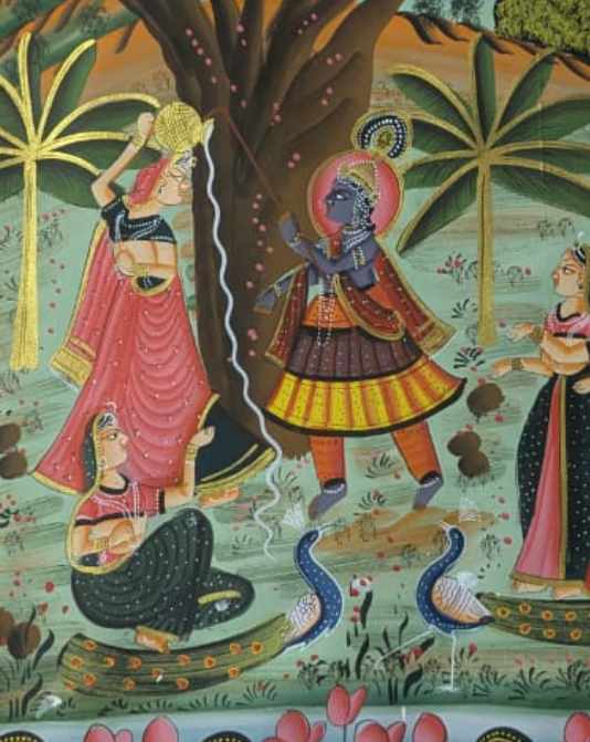 Handmade Radha Krishna Pichwai Painting with Gopis, Peacocks and Lotus