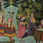 Hand-painted Pichwai Cloth Painting featuring Krishna, Cows and Gopis