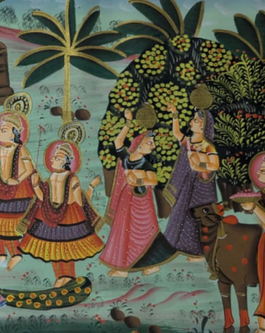 Hand-painted Pichwai Cloth Painting featuring Krishna, Cows and Gopis