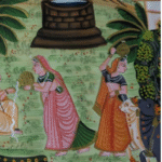 Devotional artwork of Lord Krishna with gopis under a tree