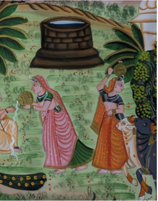 Devotional artwork of Lord Krishna with gopis under a tree