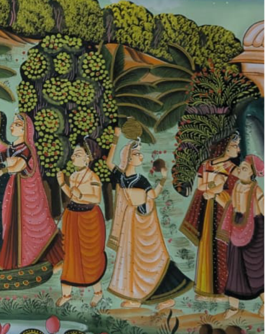 Handmade Radha Krishna Pichwai Painting with Gopis, Peacocks and Lotus