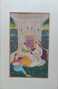 Mughal miniature art depicting emperor with nobles and ambassadors